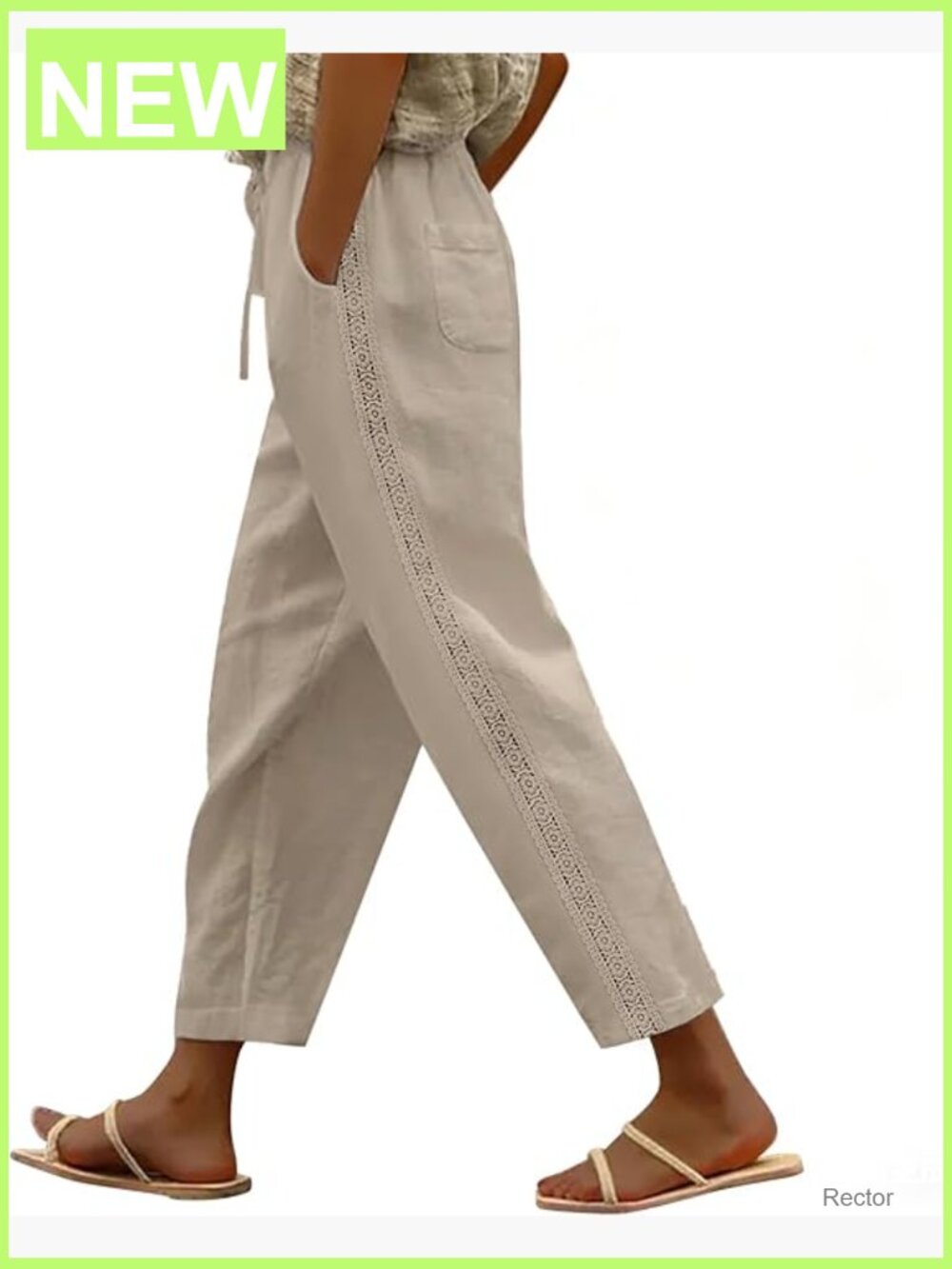 Linen Capri Pants Women Breathable Drawstring Elastic Waist Lace Side Beach